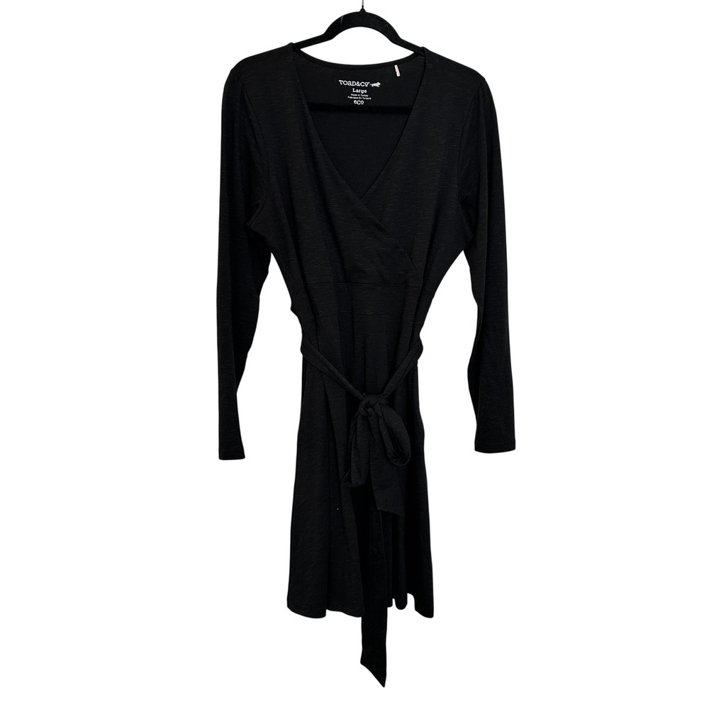 Toad&Co Cue Wrap Dress Size L Black Long Sleeve Organic Cotton Tencel Blend